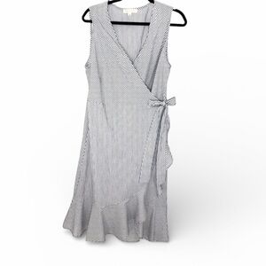 Parallele Skies Navy Blue & White Striped Ruffle Wrap Dress Size L